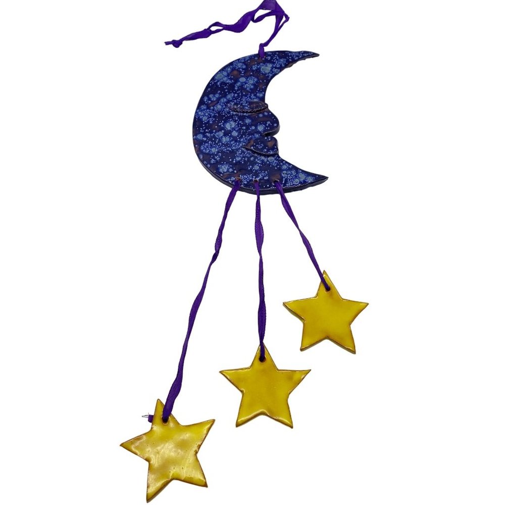 Crescent moon and stars glazed pottery wind chime kids‎ room decor celestial